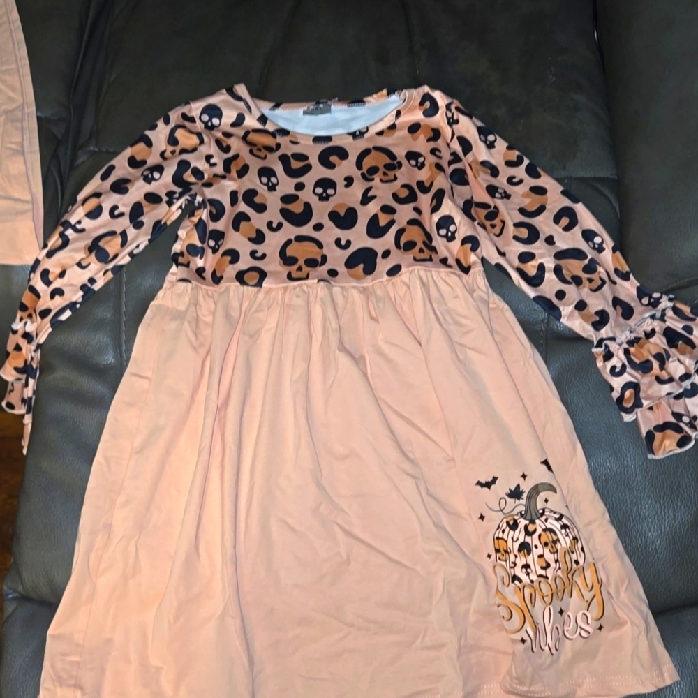 Halloween Leopard Spooky Vibes Pumpkin Ruffle Girls Dress